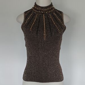 Cache sparkly copper heavily beaded sleeveless ribbed high collar top-M